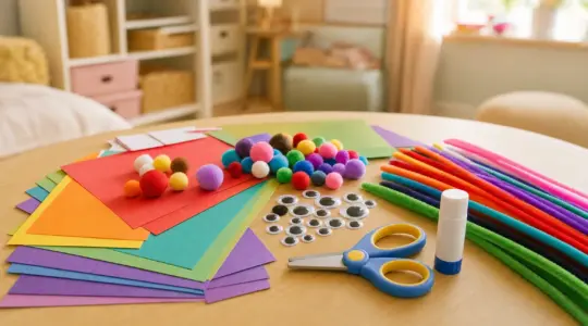 Buntes Kinder-Bastelmaterial mit Papier, Pompons, Wackelaugen, Pfeifenreinigern, Kinderschere und Klebestift auf einem hellen Holztisch