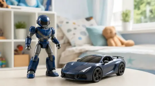 Eine Superhelden-Actionfigur mit Umhang und ein dunkles Spielzeugauto stehen auf einer hellen Fläche bereit