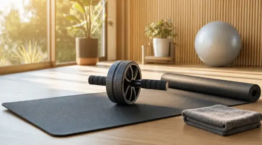 Ein Bauchmuskeltrainer steht in einem hellen Trainingsraum auf einer Matte, daneben ein Handtuch