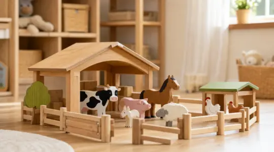Hölzerner Kinder-Spielbauernhof aus Naturholz mit Stall, Zaun und bunten Tierfiguren auf einem hellen Holzboden im Kinderzimmer