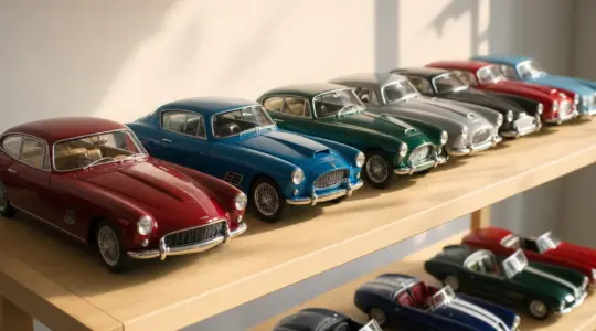 Mehrere detaillierte Metall-Modellautos in verschiedenen Farben stehen nebeneinander auf einem Holzregal