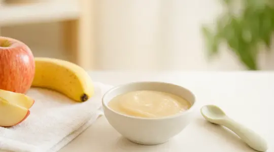 Eine kleine Schale mit hellem Babybrei und ein kleiner Löffel auf einer hellen Tischfläche