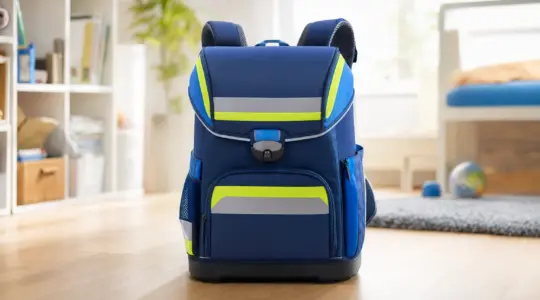 Ein ergonomischer Schulranzen mit breiten gepolsterten Trägern und reflektierenden Flächen steht aufrecht auf einem hellen Boden