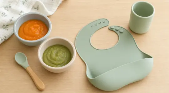 Ein Beikost-Set mit Schälchen, Silikonlöffel und Lätzchen auf einer Holztischfläche