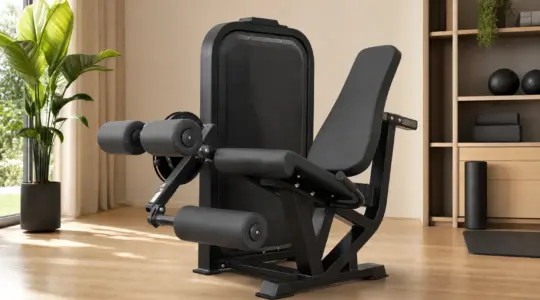 Ein Beinbeuger-Trainingsgerät steht in einem hellen Heimtrainingsraum mit Holzboden