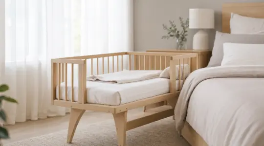 Helles Holz-Beistellbett für Babys mit niedriger offener Seite, weißer Matratze und heller Bettwäsche in einem ruhigen Schlafzimmer