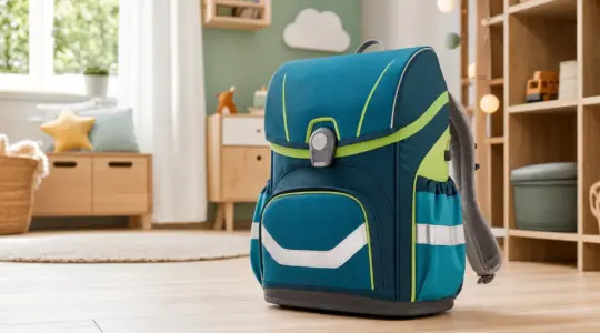 Ein moderner ergonomischer Schulranzen mit Reflektoren steht aufrecht auf einem hellen Holzboden