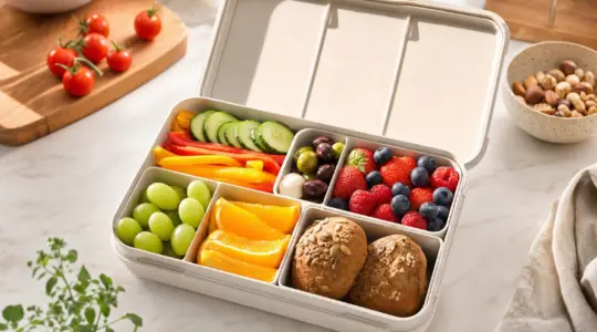 Eine offene Bento-Box mit mehreren Fächern voller Obst, Gemüse und kleinen Snacks