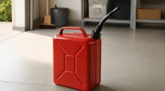 Ein roter Benzinkanister steht auf einem Boden in einer Garage