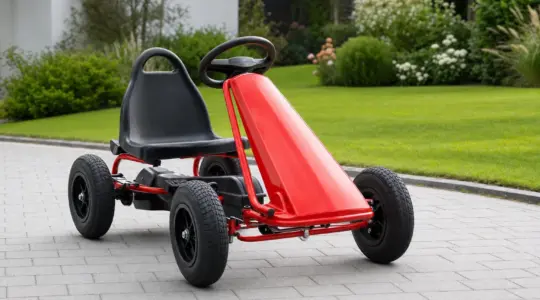 Ein robustes Tret-Gokart für Kinder mit Luftreifen steht auf einem hellen Weg im Freien bereit