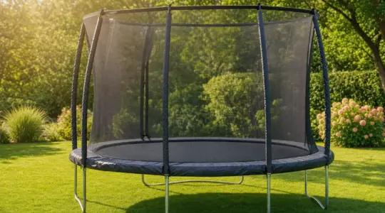 Ein rundes Gartentrampolin mit Sicherheitsnetz steht auf einer sonnigen grünen Rasenfläche im Garten