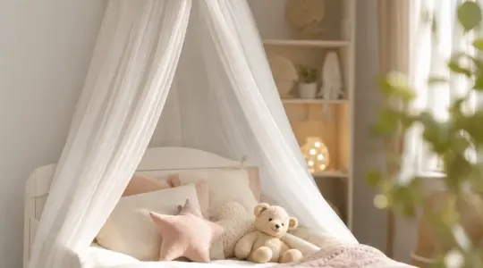 Ein zarter Betthimmel aus leichtem Stoff hängt über einem gemütlichen Kinderbett in einem hellen Kinderzimmer