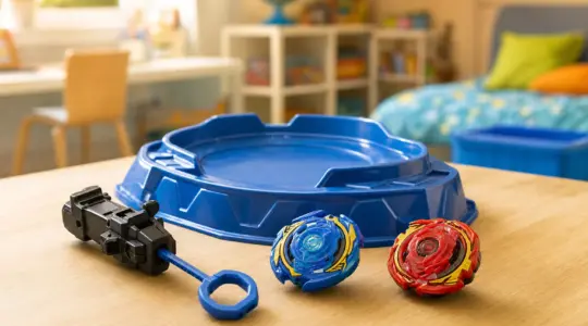 Zwei bunte Kampfkreisel und ein Abschussgerät liegen neben einer runden Arena auf einem Tisch