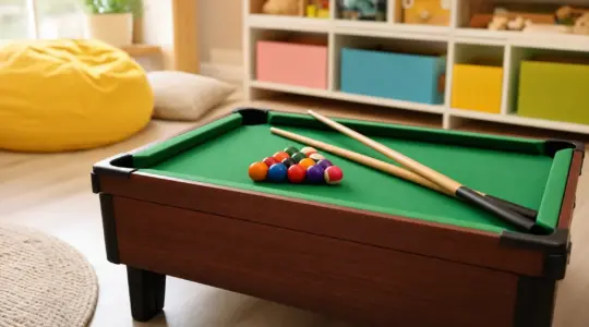 Ein kleiner Billardtisch mit grüner Spielfläche, bunten Kugeln und zwei Queues steht in einem hellen Kinderzimmer