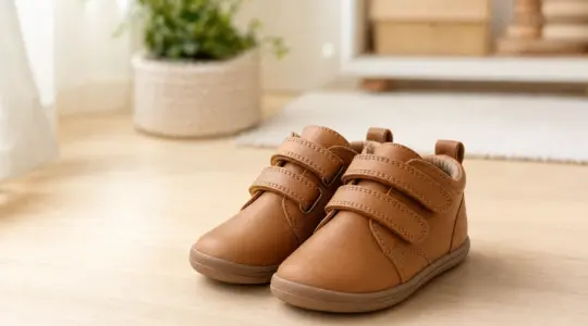 Ein Paar hochwertige Kinderschuhe aus weichem Leder mit flexibler Sohle steht ordentlich auf einem hellen Holzboden
