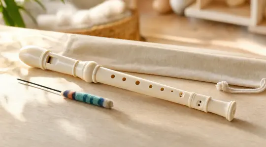 Eine helle Sopran-Blockflöte für Kinder liegt mit einem weichen Etui auf einem hellen Tisch in einem freundlichen Raum