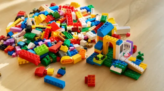 Viele bunte Klemmbausteine und ein teilweise zusammengebautes Bausteinmodell auf einem Holztisch