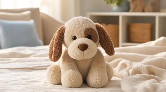 Ein weiches Plüsch-Hundekuscheltier in dezenten Farben sitzt auf einer hellen Bettdecke