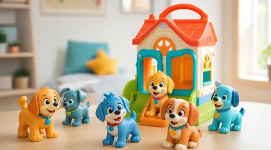 Bunte Spielfiguren und ein kleines Spielhaus im Stil einer fröhlichen Zeichentrick-Hundefamilie stehen auf einem Tisch