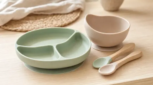 Ein Baby-Esslernset aus Silikon in zarten Pastelltönen mit einem Saugnapf-Teller mit Fächern, einer kleinen Schüssel und weichen Löffeln auf einem hellen Holztisch