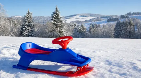 Ein bunter Kinderbob aus Kunststoff mit Lenkrad auf einer verschneiten Wiese