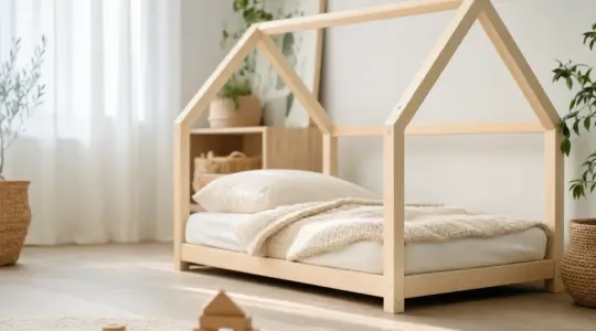 Niedriges bodennahes Montessori-Kinderbett aus hellem Holz in flacher Hausform mit weißer Matratze in einem hellen Kinderzimmer