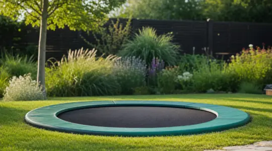 Rundes ebenerdiges Bodentrampolin bündig in eine Rasenfläche eingelassen, mit schwarzer Sprungfläche und grüner Randabdeckung im Garten