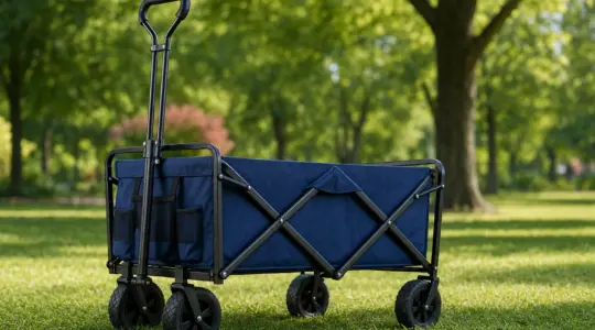 Faltbarer Kinder-Bollerwagen mit dunkelblauem Stoffbezug, breiten Geländereifen und ausziehbarer Deichsel auf einer Rasenfläche im Park