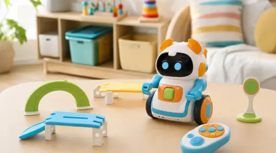 Ein bunter Spielzeug-Roboter zum Programmieren steht mit Zubehör auf einem hellen Tisch im Kinderzimmer