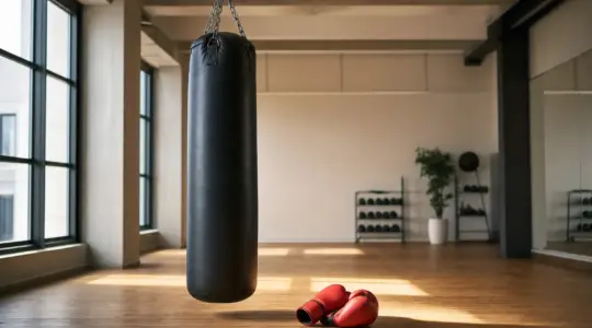 Ein Boxsack hängt in einem hellen Trainingsraum von der Decke, daneben liegen Boxhandschuhe auf dem Boden