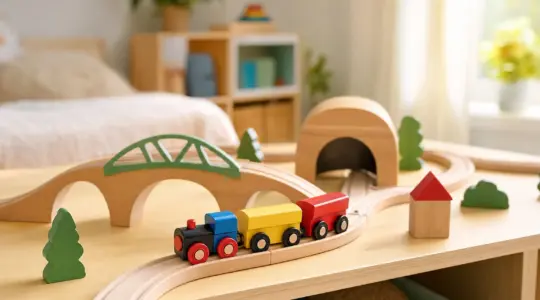 Eine Holzeisenbahn aus geschwungenen Holzschienen mit bunten Holzzügen, einer Brücke und einem kleinen Bahnhof ist auf einem Tisch aufgebaut