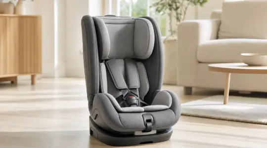 Ein moderner Autokindersitz mit Gurtsystem und Seitenschutz steht aufrecht auf einem hellen Boden bereit