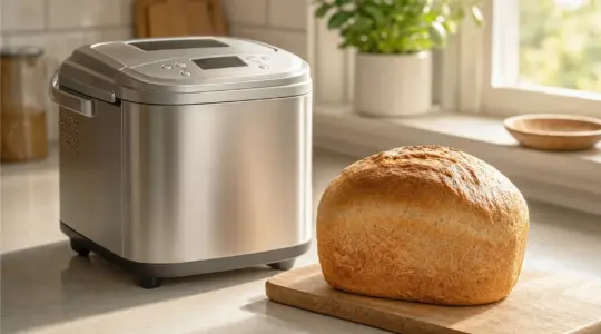 Ein Brotbackautomat steht auf einer hellen Küchenarbeitsplatte, daneben ein frisch gebackener Laib Brot auf einem Holzbrett