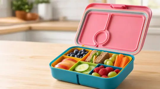 Bunte Kinder-Brotdose mit mehreren Fächern, gefüllt mit Obst, Gemüse und kleinen Broten, auf einem hellen Holztisch