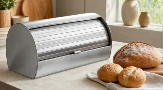 Ein moderner Brotkasten steht auf einer hellen Küchenarbeitsplatte, daneben ein frisches Brot und Brötchen