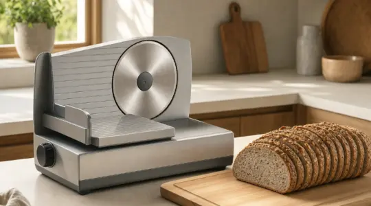 Eine Brotschneidemaschine steht auf einer hellen Küchenarbeitsplatte, daneben gleichmäßig geschnittene Brotscheiben auf einem Holzbrett