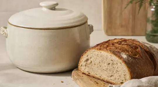 Ein Brottopf aus Keramik mit Deckel steht auf einer hellen Küchenarbeitsplatte, daneben ein angeschnittenes frisches Brot