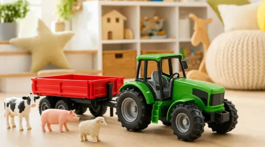 Ein detailgetreuer Spielzeugtraktor mit Anhänger steht auf einem hellen Tisch und lädt zum fantasievollen Bauernhof-Spielen ein