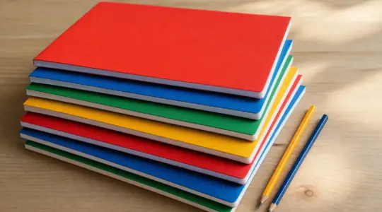 Ein Stapel verschiedener Schulhefte mit unterschiedlichen Lineaturen liegt ordentlich auf einem Tisch