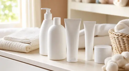 Schlichte Babypflege-Produkte auf einem hellen Wickeltisch mit Handtüchern
