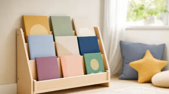 Ein niedriges Kinder-Bücherregal aus hellem Holz mit nach vorne zeigenden bunten Bilderbüchern in einer hellen Leseecke eines freundlichen Kinderzimmers
