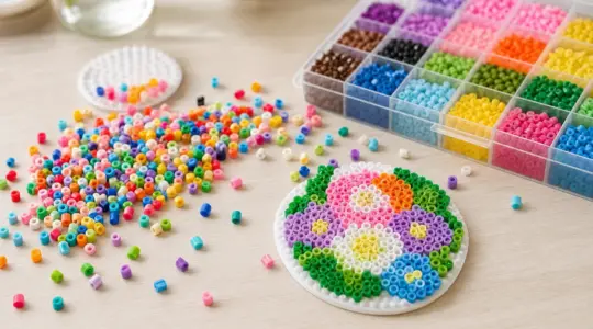 Buntes Bügelperlen-Bastelset mit vielen kleinen Steckperlen und einer runden Steckplatte mit fertigem Blumenmuster auf einem hellen Holztisch