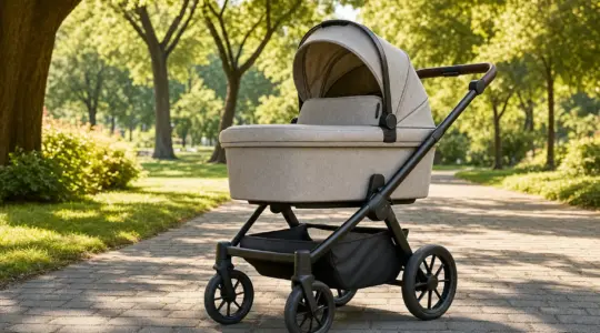 Ein moderner hochwertiger Kinderwagen mit Liegewanne steht auf einem gepflasterten Weg in einem Park