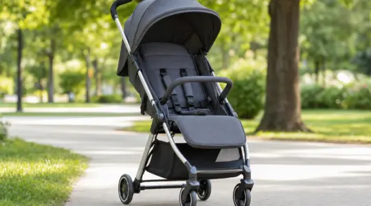 Moderner leichter Kinder-Buggy mit dunkelgrauem Bezug und schlankem Aluminiumgestell, aufgeklappt auf einem gepflasterten Weg im Park