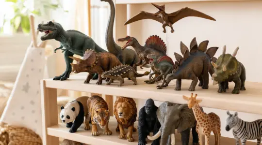 Mehrere detaillierte realistische Tier- und Dinosaurier-Spielfiguren stehen nebeneinander auf einem Holzregal