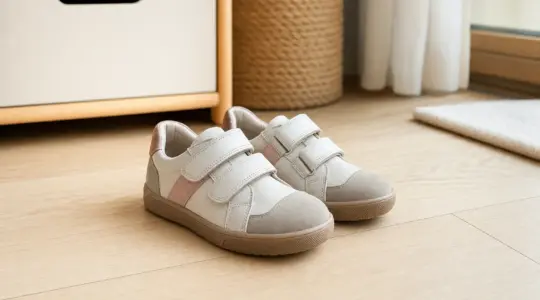 Ein Paar moderne hochwertige Kinderschuhe aus Leder stehen nebeneinander auf einem hellen Holzboden