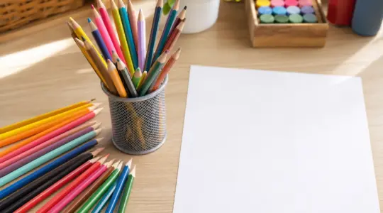 Viele bunte Buntstifte aufgefächert und in einem Becher auf einem Maltisch