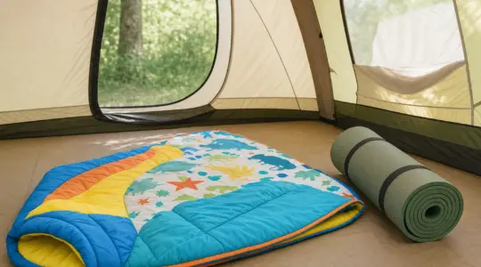 Ein bunter Kinderschlafsack liegt aufgerollt und ausgebreitet neben einer Isomatte in einem hellen Zelt