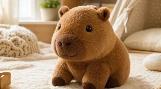 Ein weiches braunes Capybara-Plüschtier mit freundlichen Augen auf einer Kinderzimmer-Decke
