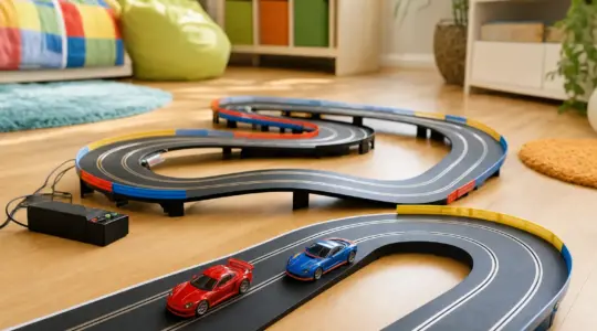 Eine bunte Slotcar-Autorennbahn mit geschwungener Strecke und zwei Rennautos auf einem Holzboden